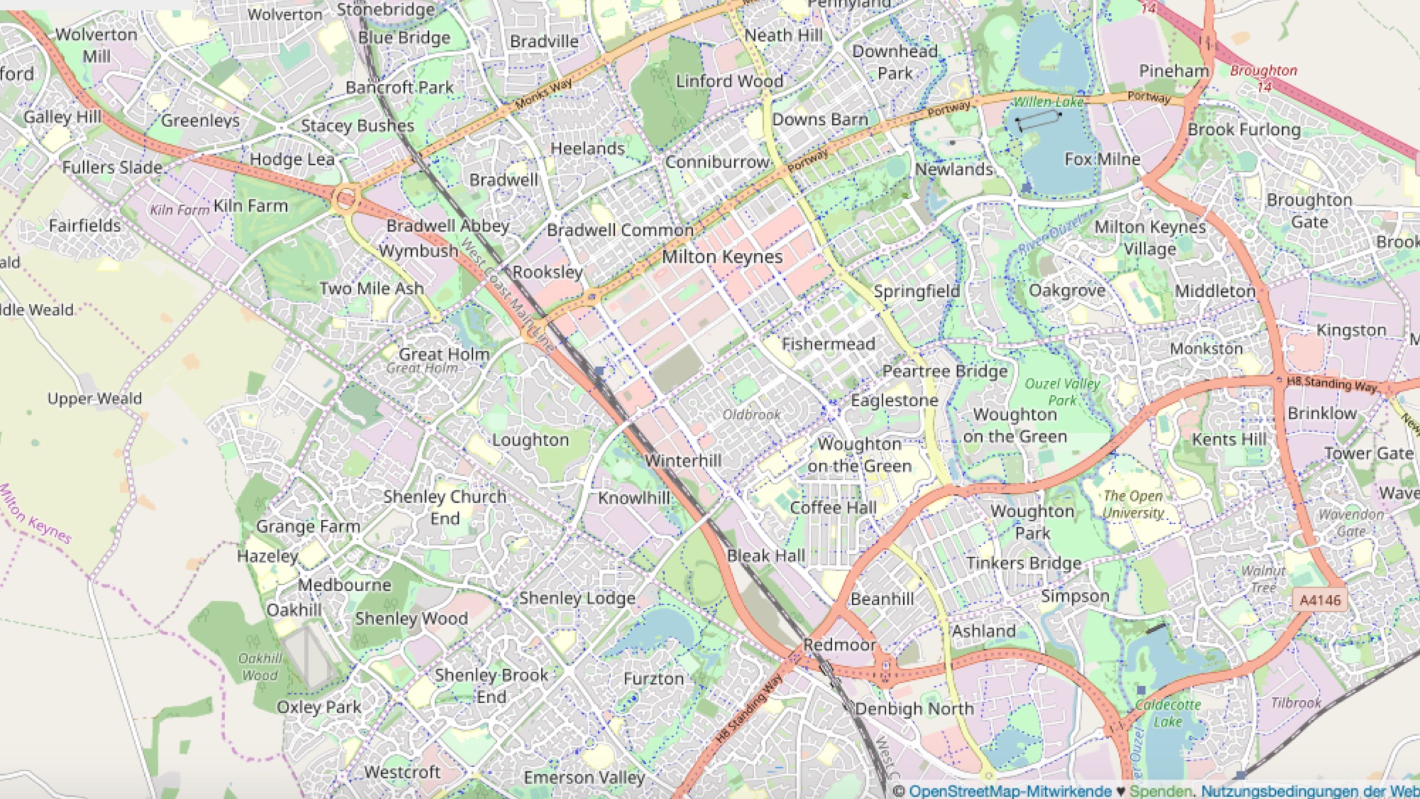 Gut zu erkennen: MK wurde am Reißbrett entworfen, Hauptstraßen verlaufen parallel und teilen die Bezirke (Copyright: Open Street-Map)